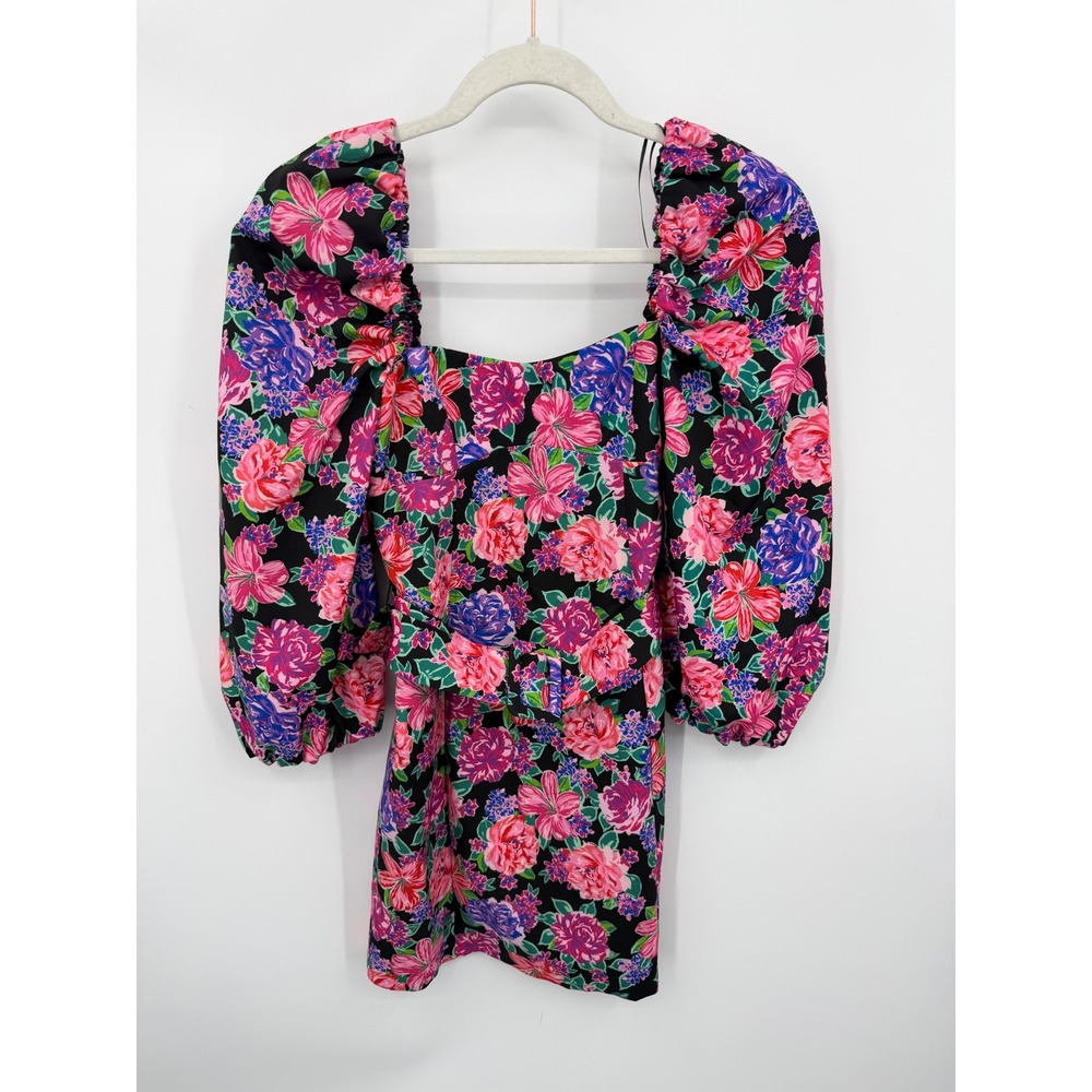 Zara Floral Belted Mini Dress Womens XS Black Pink Puff Sleeve 8812/546/050 - Picture 2 of 9